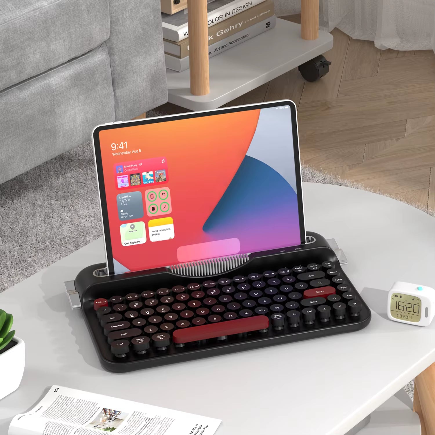كيبورد AJAZZ AF84 ريترو لاسلكي مع حامل للموبايل والتابلت – Bluetooth 5.0 و2.4GHz