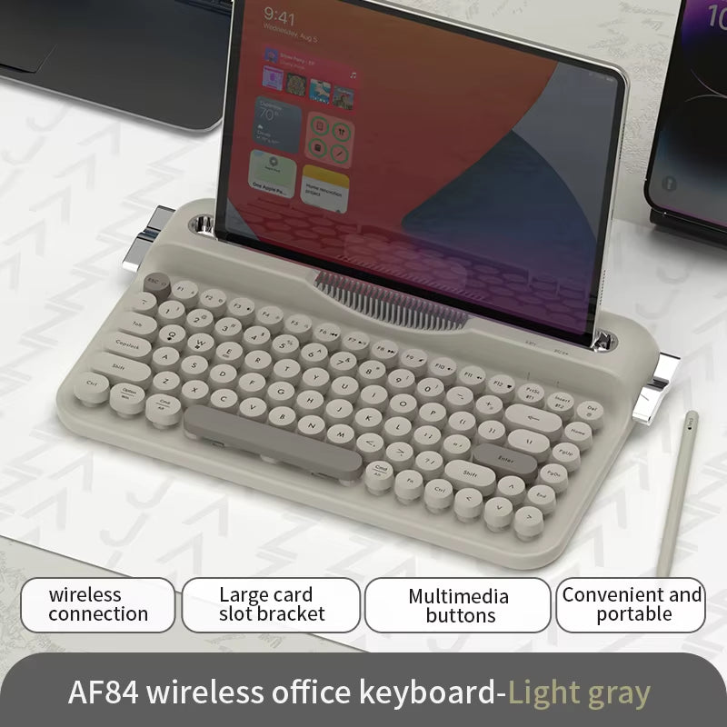 كيبورد AJAZZ AF84 ريترو لاسلكي مع حامل للموبايل والتابلت – Bluetooth 5.0 و2.4GHz