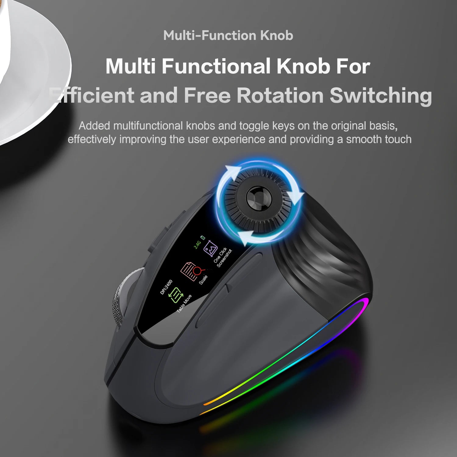 RGB Backlit Speed Roller Wireless Vertical Gaming Mouse with Function Adjustment Knob Bluetooth USB Ergonomic Mice Slient Click