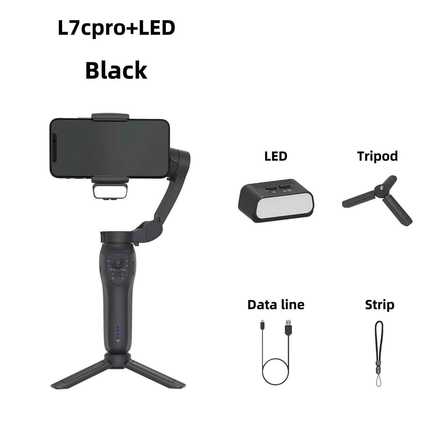 جيمبال موبايل L7Cpro ثلاثي المحاور قابل للطي مع ترايبود – خيارات LED وAI Tracking