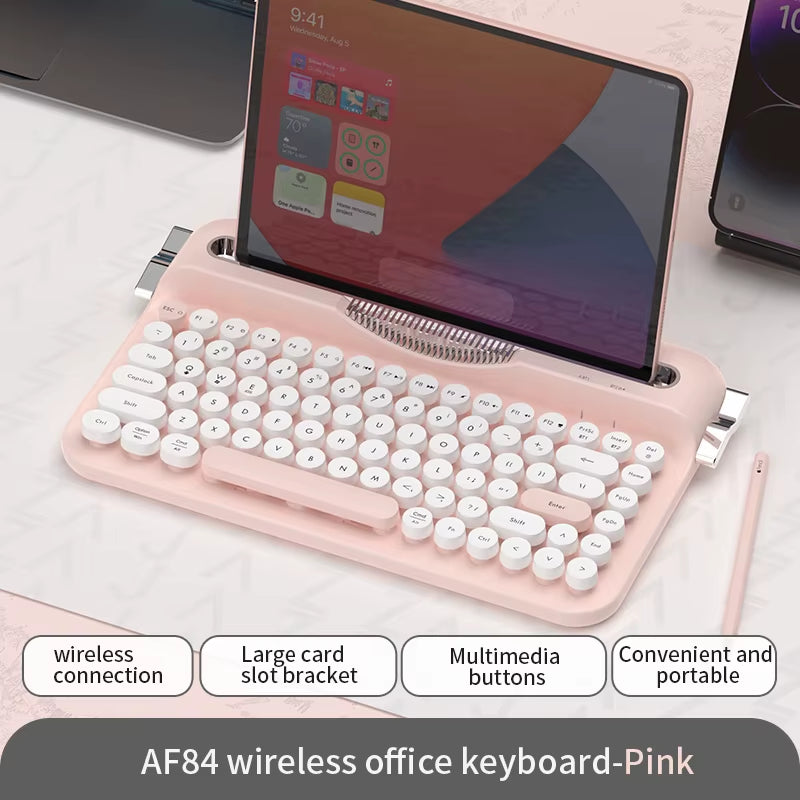 كيبورد AJAZZ AF84 ريترو لاسلكي مع حامل للموبايل والتابلت – Bluetooth 5.0 و2.4GHz