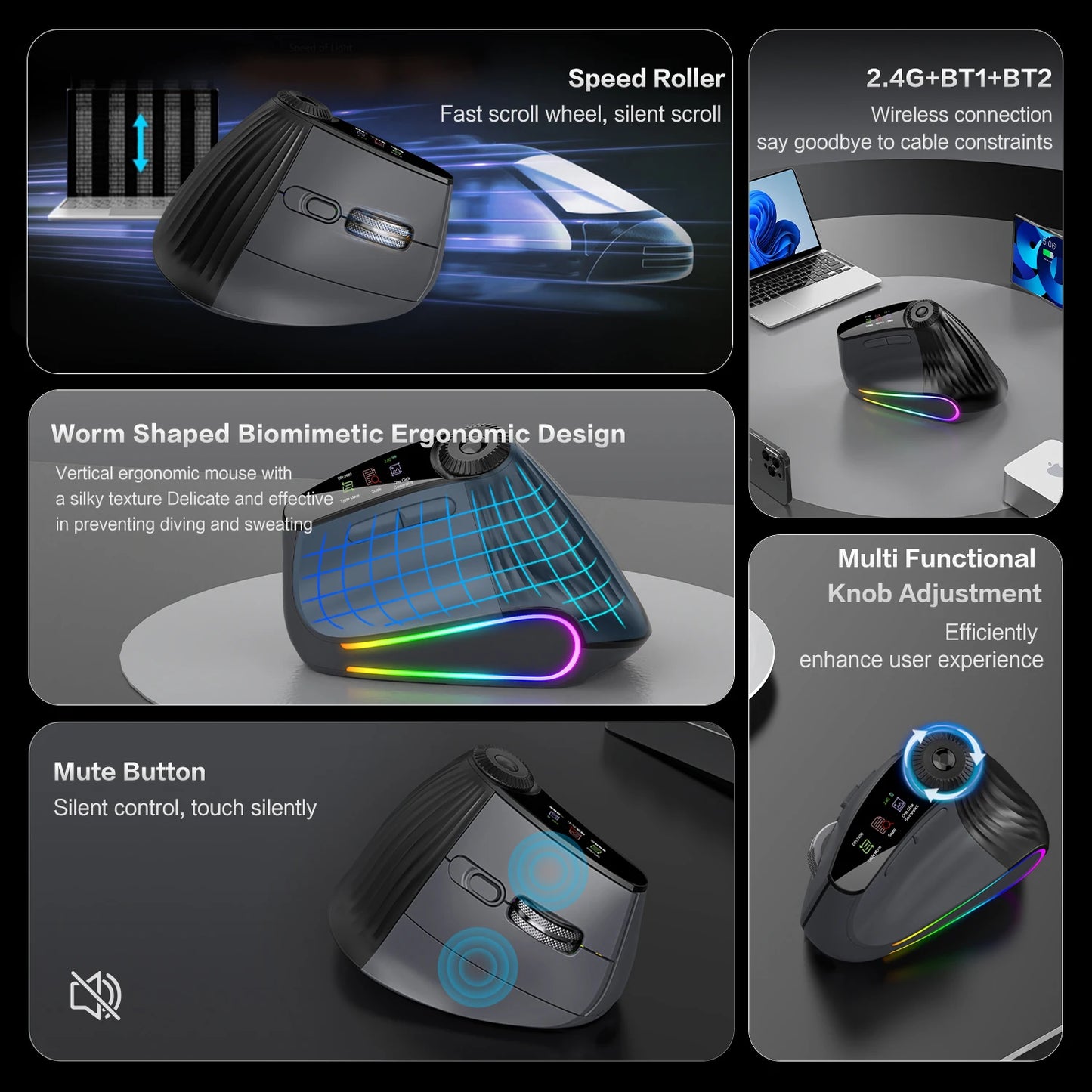 RGB Backlit Speed Roller Wireless Vertical Gaming Mouse with Function Adjustment Knob Bluetooth USB Ergonomic Mice Slient Click