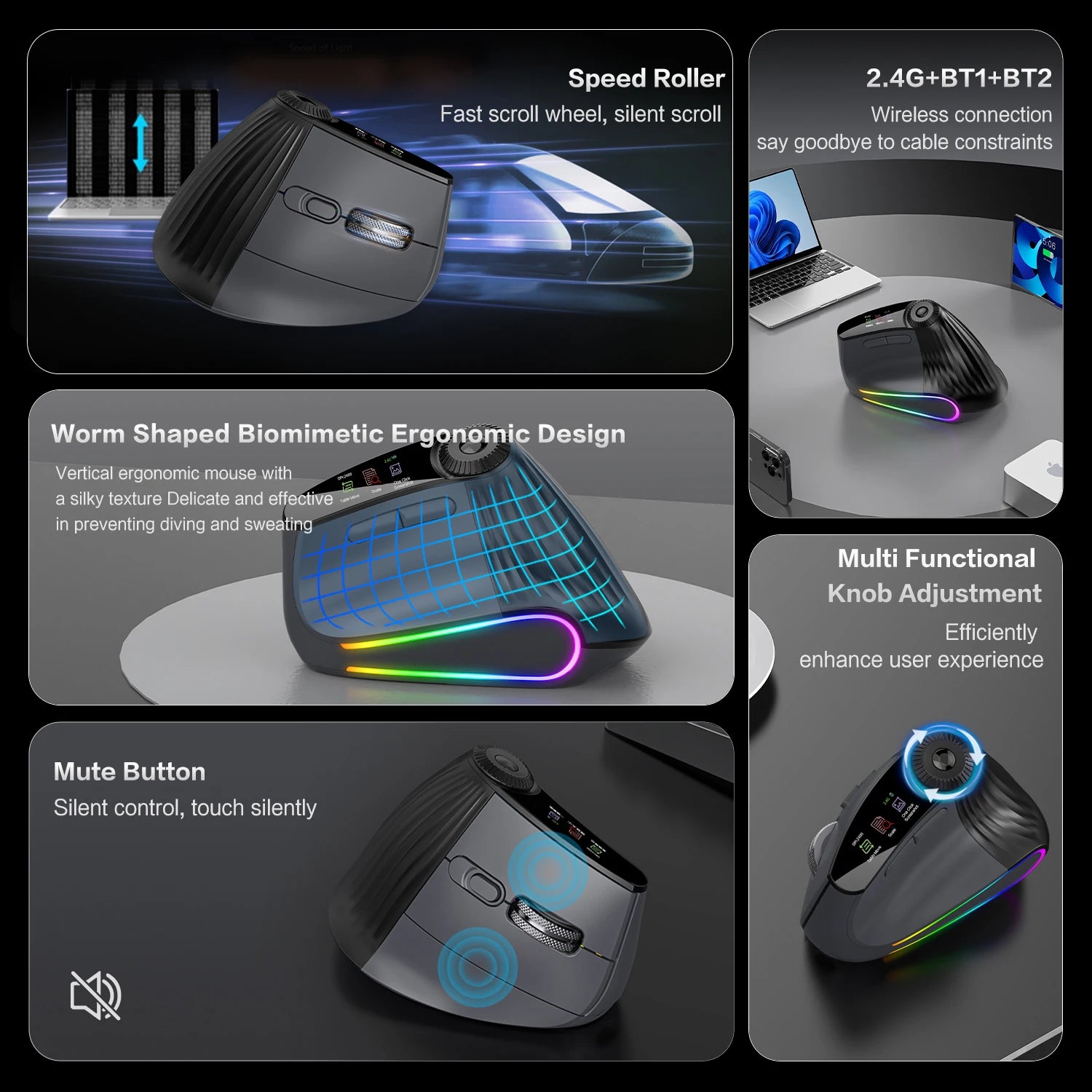 RGB Backlit Speed Roller Wireless Vertical Gaming Mouse with Function Adjustment Knob Bluetooth USB Ergonomic Mice Slient Click