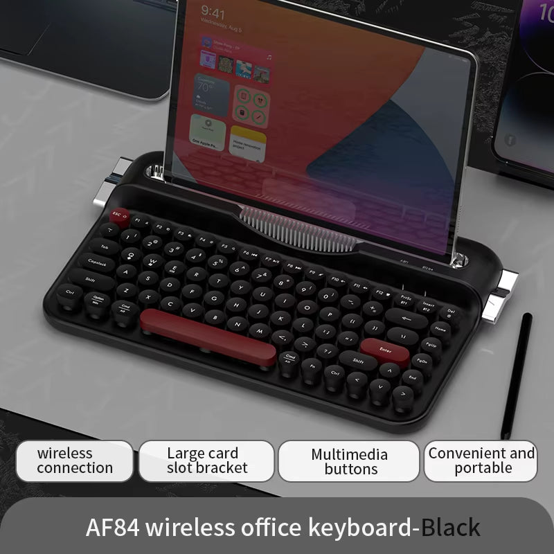 كيبورد AJAZZ AF84 ريترو لاسلكي مع حامل للموبايل والتابلت – Bluetooth 5.0 و2.4GHz